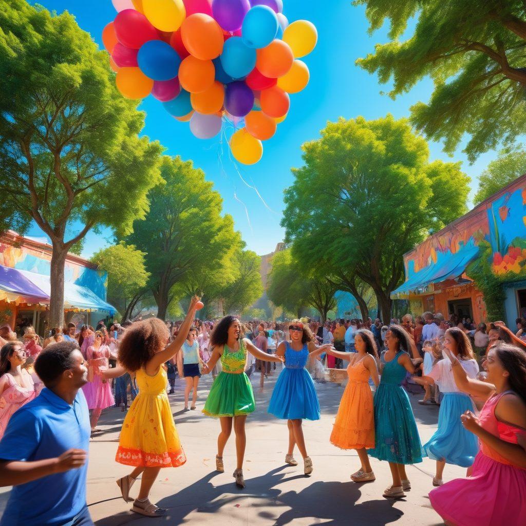 A whimsical scene depicting a diverse group of people joyfully engaging in quirky activities, such as dancing in colorful costumes, painting murals on walls, and juggling vibrant objects in a sunlit park. The background features lush greenery with whimsical trees and a bright blue sky filled with floating balloons. The overall vibe is playful and celebratory, encouraging self-expression and embracing uniqueness. cartoonish style. vibrant colors. lively atmosphere.