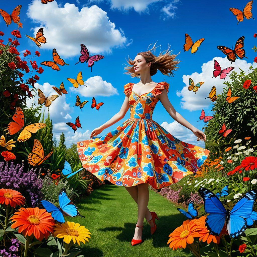 A whimsical character joyfully dancing in a vibrant, colorful garden full of unusual plants and quirky garden ornaments. The sky is painted with playful clouds, and butterflies of various shapes and sizes flutter around, encapsulating the spirit of uniqueness. The character's outfit is a blend of bold patterns that reflect individuality and joy. Emphasize a feeling of spontaneity and creativity in the atmosphere. surreal art. vibrant colors. playful elements.
