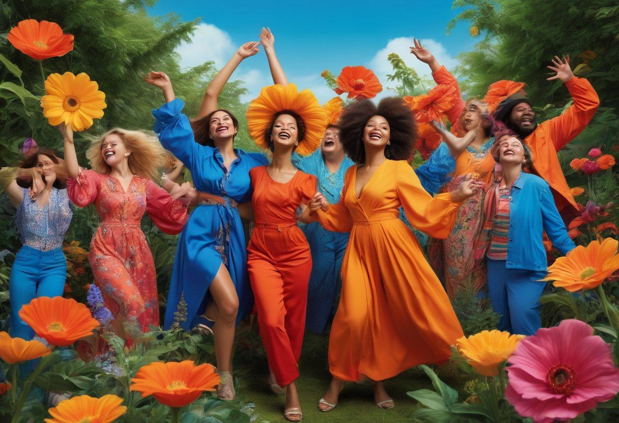 A joyful, colorful collage of diverse individuals celebrating their unique eccentricities in an outdoor setting. Include whimsical elements like oversized flowers, vibrant clothing, and playful poses; a backdrop of wild nature with lush greenery and a bright blue sky. Show expressions of happiness and freedom, engaging with creativity and individuality. Bright and lively tones enhance the overall joy of the scene. vibrant colors. 3D.
